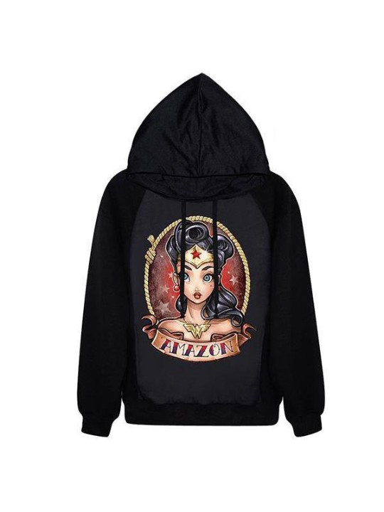 Dammode Wonder Woman Digital Print Långärmad Hoodies Sweatshirt (Svart)
