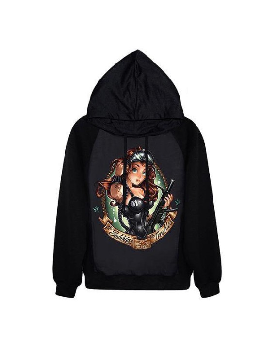 Moda feminina Soldier Imprimir Digital manga comprida Hoodies Sweatshirt (Black)
