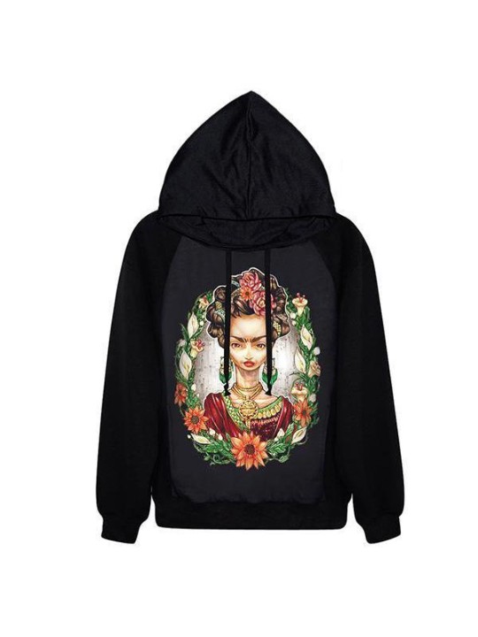 Sweat à capuche à manches longues et imprimé numérique Cult Frida pour femmes (Noir)
