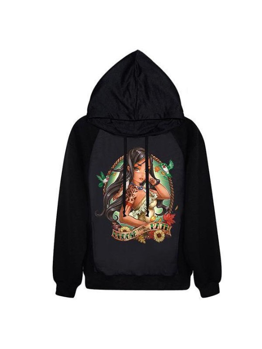 Pocahontas mulheres impressão digital camisola de manga comprida com capuz (preto)