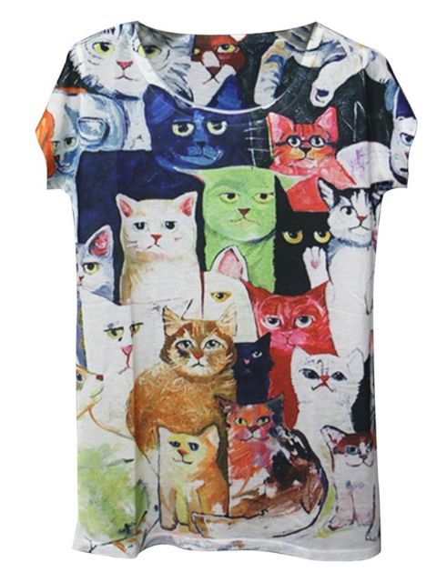 Seksikäs lyhythihainen löysä rento eläin- / kukkakuvioinen T-paita topit pusero