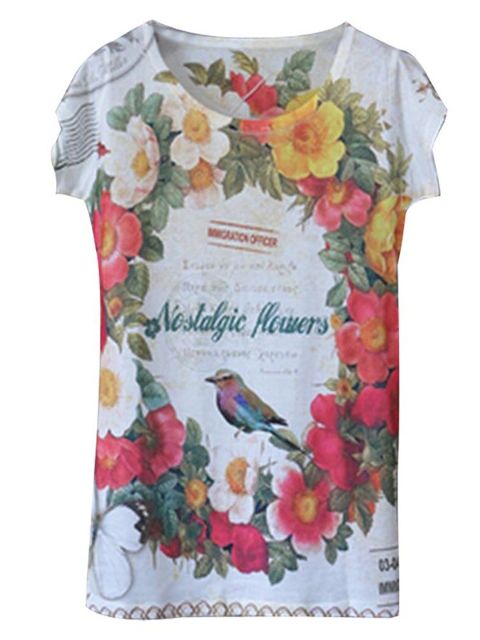 Sexy manga curta solta Casual Animal / Floral Print T-shirt Tops Blusa