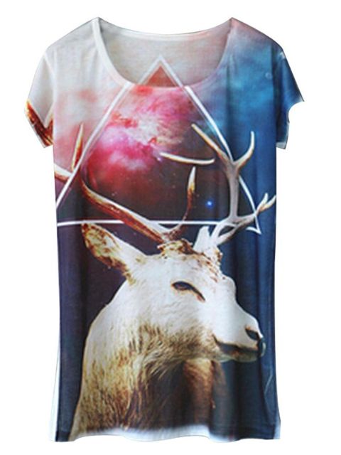 Seksikäs lyhythihainen löysä rento eläin- / kukkakuvioinen T-paita topit pusero