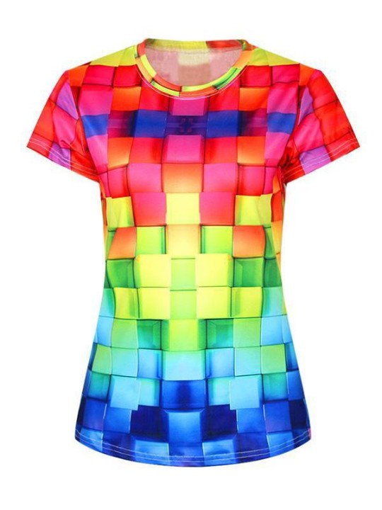 Frauen 3D Würfel Digitaldruck Kurzarm Crewneck T-Shirt Shirts T-Shirt (rot)