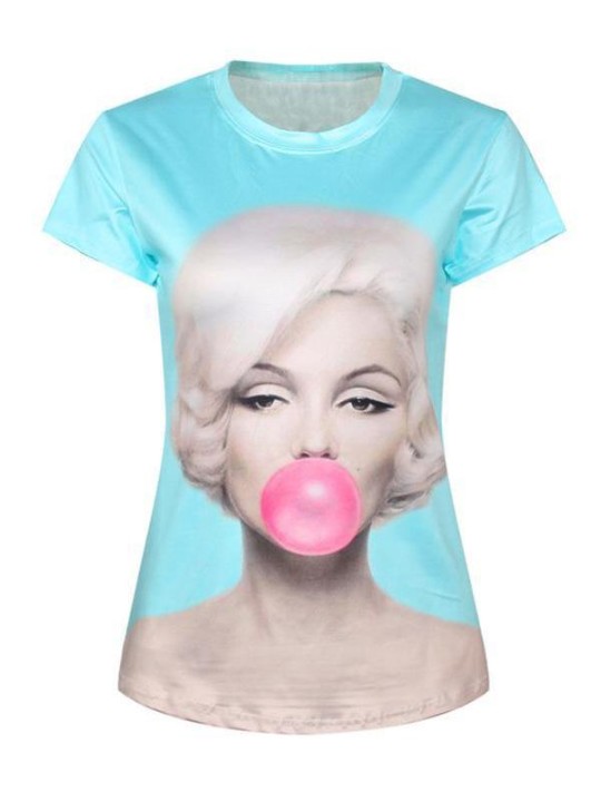 Mulheres 3D Marilyn Bolha Impressão Digital de Manga Curta Crewneck T-Shirt Camisas Tee (Sky Blue) T-Shirt