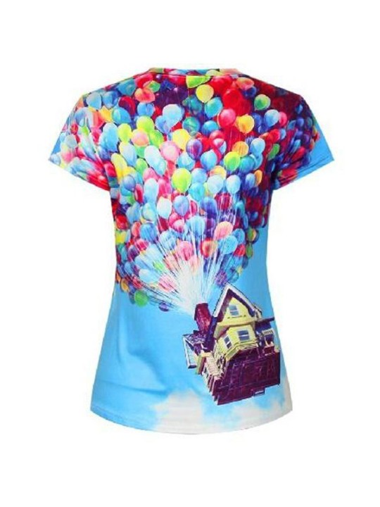 Balão das mulheres de Impressão Digital de manga curta Rodada Collar T-Shirt Tee Gótico Blusa Top
