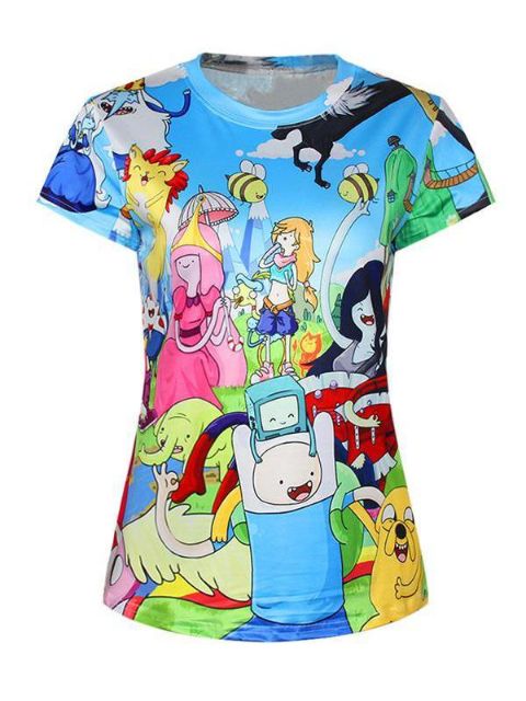 T-shirt à manches courtes à manches courtes et à impression numérique Adventure Times 3D pour femmes (bleu ciel)