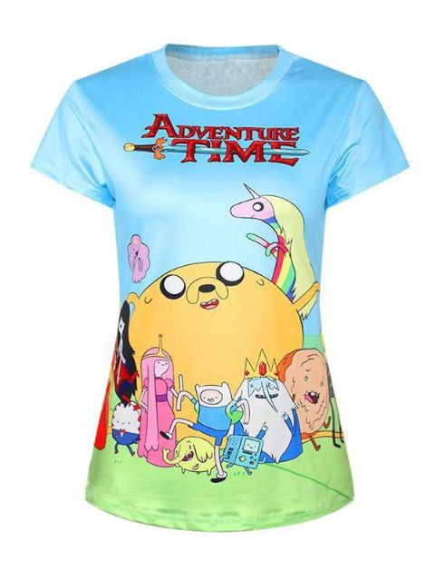 Women's 3D Adventure Times Digital Printing Short Sleeve Crewneck T-Shirt Shirts Tee (Sky Blue)