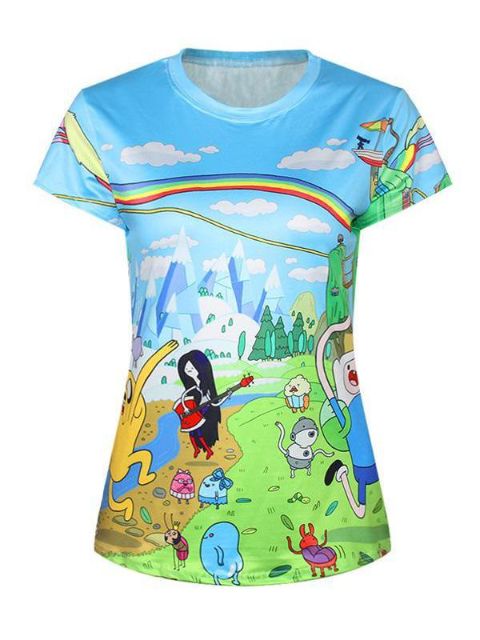 Frauen 3D Adventure Times Digitaldruck Kurzarm Crewneck T-Shirt Shirts Tee (Himmelblau)