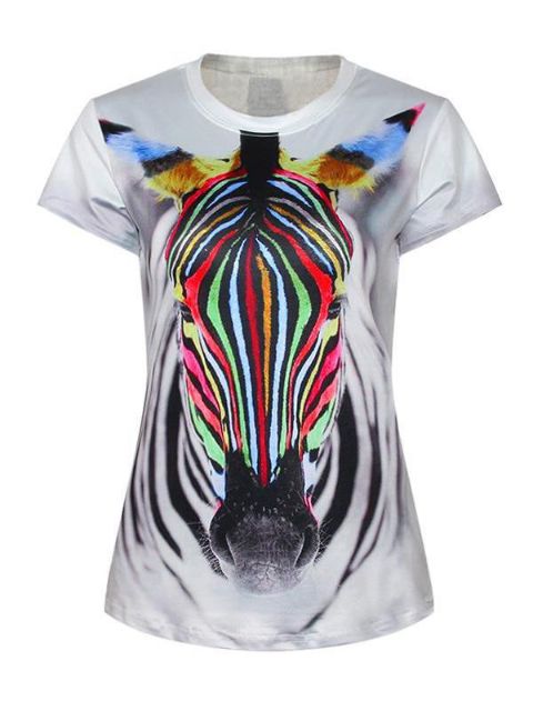 Frauen 3D Tier Zebra Digitaldruck Kurzarm Crewneck T-Shirt Shirts Tee (weiß)