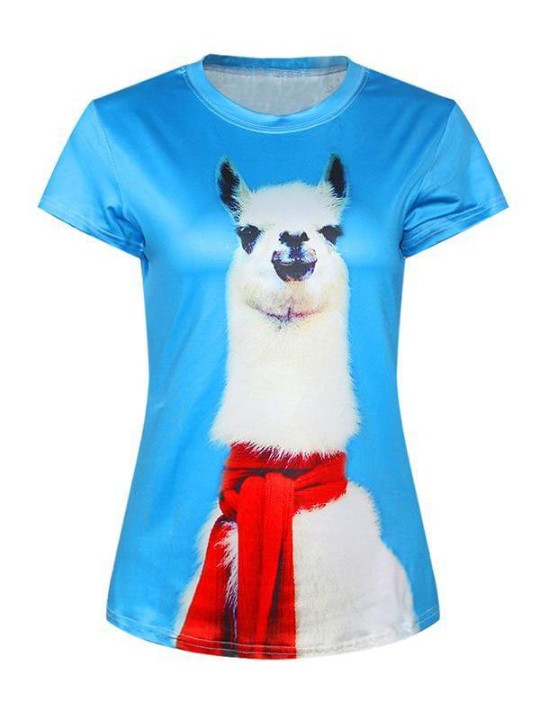 Animal 3D Alpaca Animal Impressão Digital de Manga Curta Crewneck T-Shirt Camisas Tee (Azul)