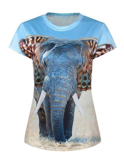 3D Butterfly Elephant stafræn prentun kvenna með stuttum ermi Crewneck stuttermabolur teig (himinblár)