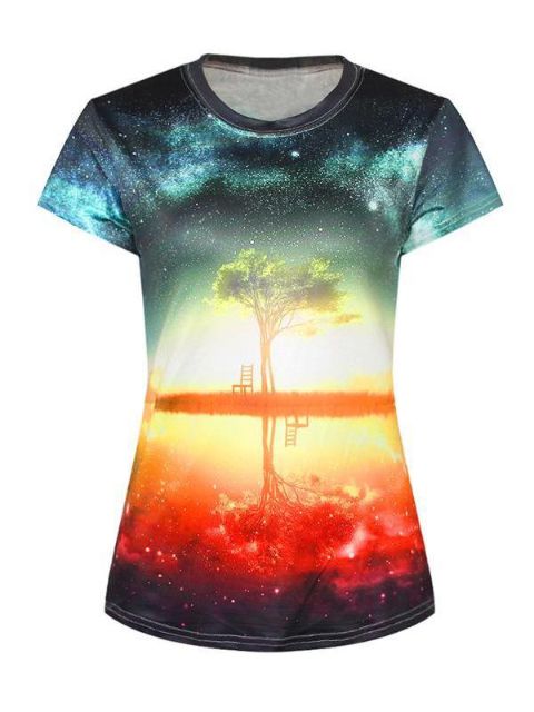 Mulheres 3D Night View Impressão Digital de manga curta Crewneck T-Shirt Camisas Tee (Amarelo)