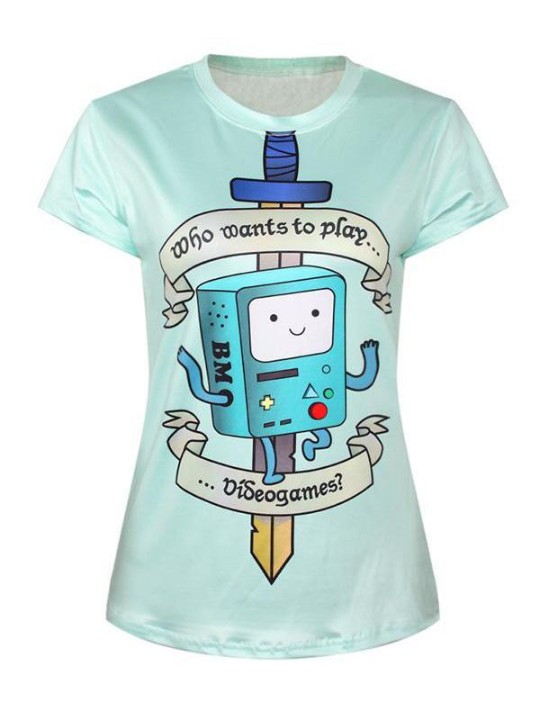 Women's 3D BMO Digital Printing Short Sleeve Crewneck T-Shirt Shirts Tee (Light Blue)