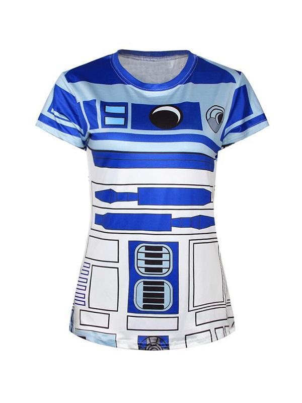 3D R2D2 stafræn prentun kvenna með stuttum ermum Crewneck stuttermabolum T-skyrta (blár)