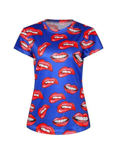 Frauen 3D Lips Digitaldruck Kurzarm Crewneck T-Shirt Shirts Tee (lila)