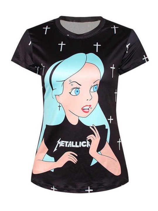 Frauen 3D Cult Princess Digitaldruck Kurzarm Crewneck T-Shirt Shirts Tee (schwarz)