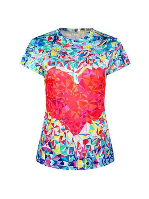 Camiseta de manga corta con cuello redondo de manga corta con estampado de corazones en 3D para mujeres (rojo)