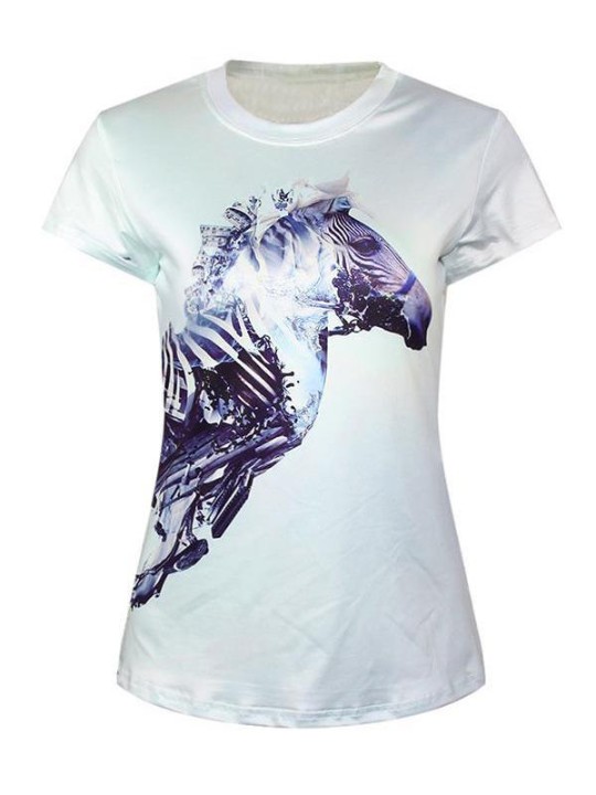 Frauen 3D Tier Zebra Digitaldruck Kurzarm Crewneck T-Shirt Shirts Tee (weiß)