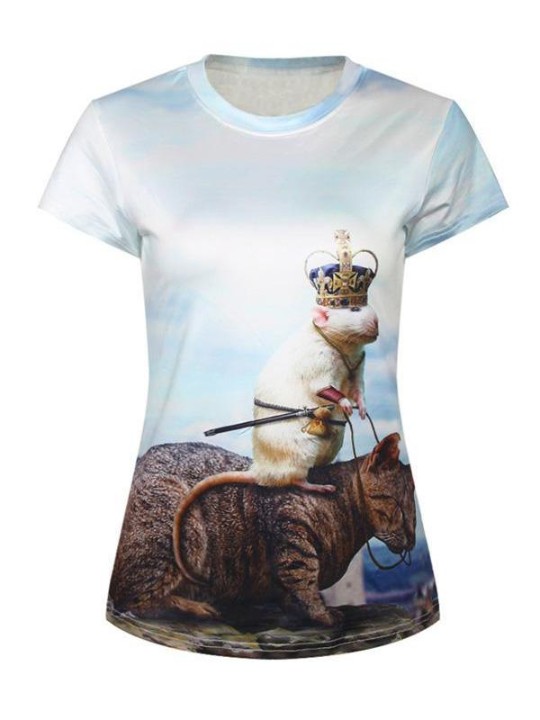 Kvinnors 3D Animal Mouse King Digital tryckning Kortärmad Crewneck T-shirt Skjortor T-shirt (vit)