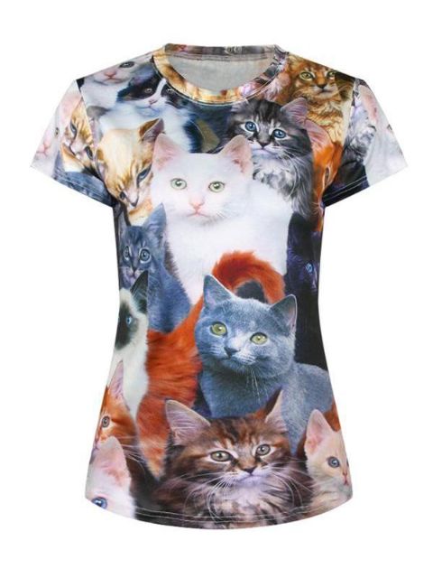 Camiseta de manga corta con cuello redondo de manga corta y estampado animal 3D de las mujeres Camiseta (Multicolor)