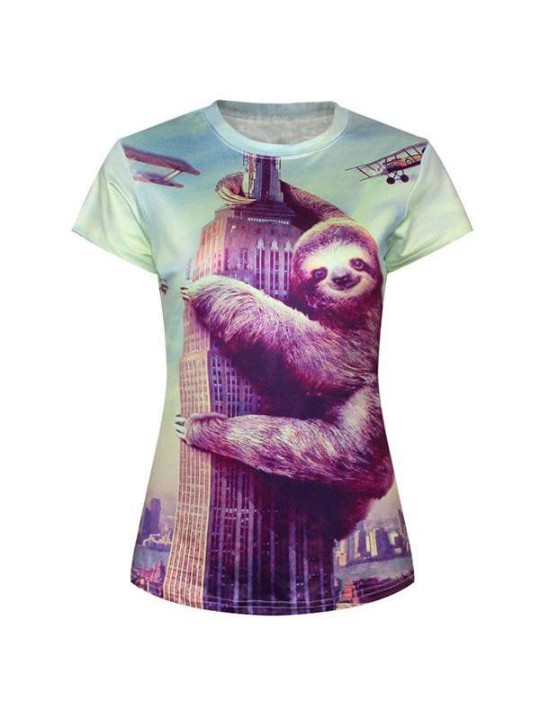 T-shirt à col rond à manches courtes et impression numérique King Kong Sloth pour femme (violet)