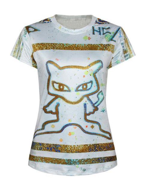 Frauen 3D Fox Digitaldruck Kurzarm Crewneck T-Shirt Hemden Tee (weiß)