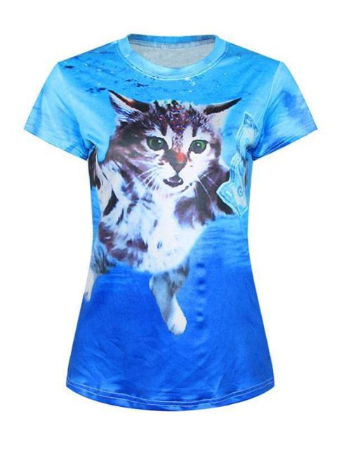 Kvinders 3D-dyr Nirvana kat, digital print, kortærmet, crewneck-T-shirt, T-shirt (blå)