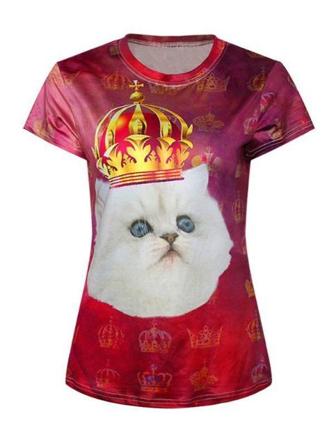 Dame 3D Animal Cat King Digital Printing Kortærmet Crewneck T-Shirt Shirts T-shirt (rød)