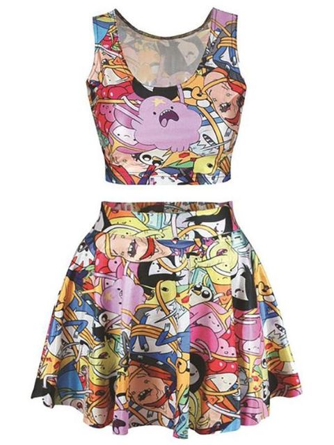 Frauen mehrfarbige Abenteuer Zeit Print Crop Tank Top Falten Skater Mini Röcke Set