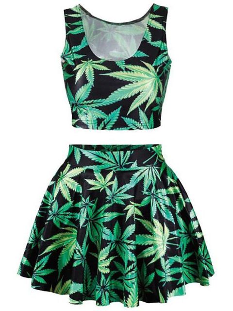 Frauen Grün Maple Print Crop Tank Top Falten Skater Miniröcke Set