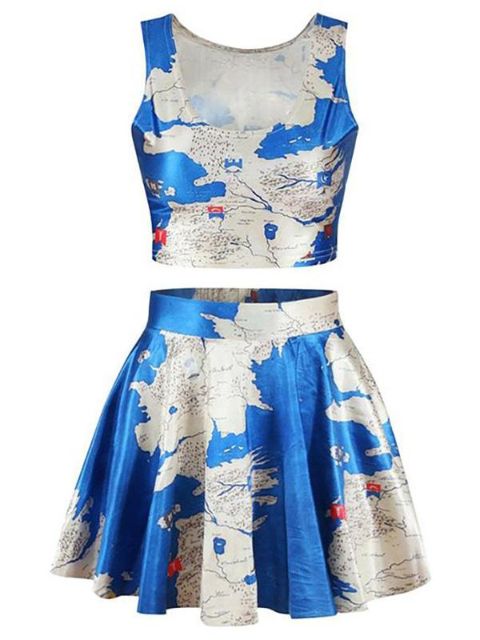 Las mujeres Old Map Print Crop Tank Top plisado skater Mini faldas Set