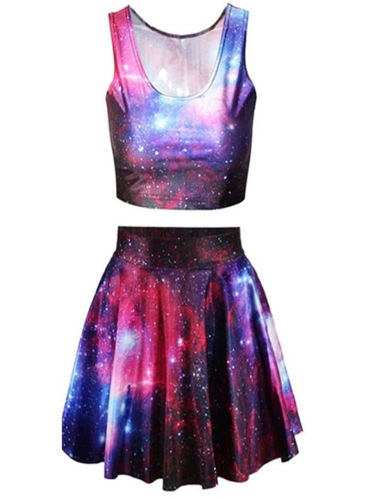 Mode Frauen Lila Galaxy Digital Print Reversible Crop Top + Rock 2 stücke vintage Clubwear Party_MV