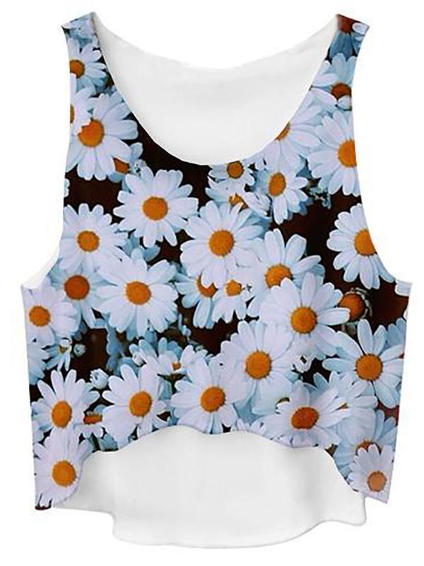 Fashion Summer Short Crop Tops Women 3D Chrysanthemum Printed Vest Crop Tops