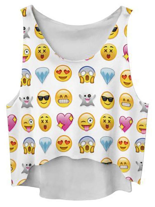 Kvinnor sommar ärmlösa lösa skjortor Tank Tops Emoji Digital Printed Vest Crop Tops
