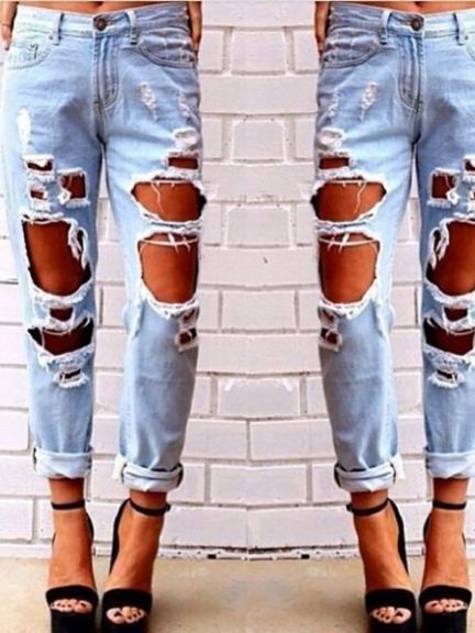 Femmes Mode Casual Déchiré En Détresse Scratch Trou Lâche Capris Mi Zipper Fly Denim Jeans Bas