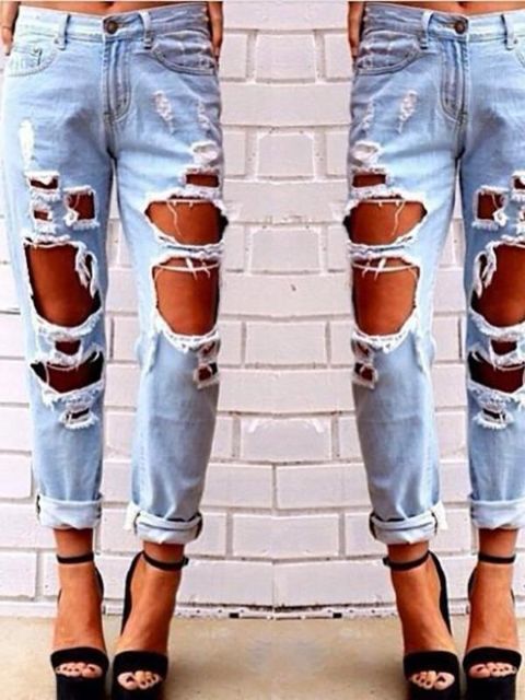 Femmes Mode Casual Déchiré En Détresse Scratch Trou Lâche Capris Mi Zipper Fly Denim Jeans Bas
