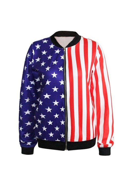 Muoti digitaalinen painatus Yhdysvaltain lipun tähdet ja raidat Vetoketjullinen takki Pitkähihainen Lady Coat Streat Wear