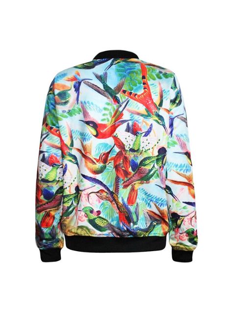 Novas Mulheres Moda Digital Print Birds in Paradise Zíper Front Jacket Manga Comprida Senhora Casaco Desgaste Streat