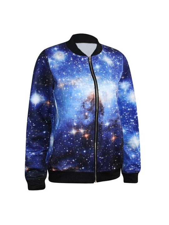 Muoti digitaalinen painatus sininen Galaxy vetoketju etutakki pitkähihainen Lady takki Streat Wear