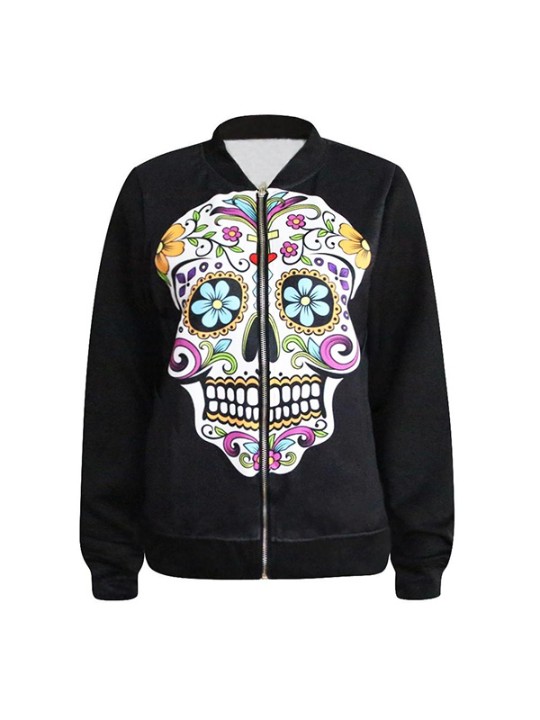 Moda Impressão Digital crânio floral Zíper Front Jacket Manga Comprida Senhora Casaco Desgaste Streat