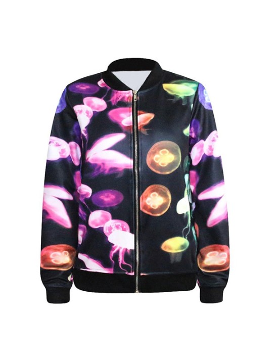 Moda Impressão Digital medusa Zíper Front Jacket Manga Longa Senhora Casaco Desgaste Streat