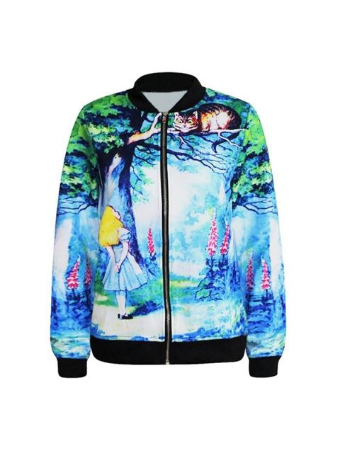 Kvindemode Alice i Eventyrland Digital Print lynlås Frontjakke Langærmet Lady Coat Streat Wear