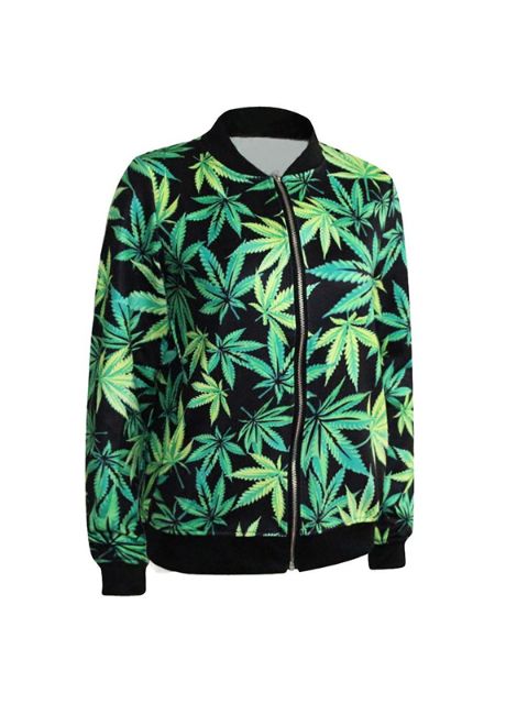 Novas Mulheres Moda Digital Print Folhas Zíper Front Jacket Manga Comprida Senhora Casaco Streat Desgaste