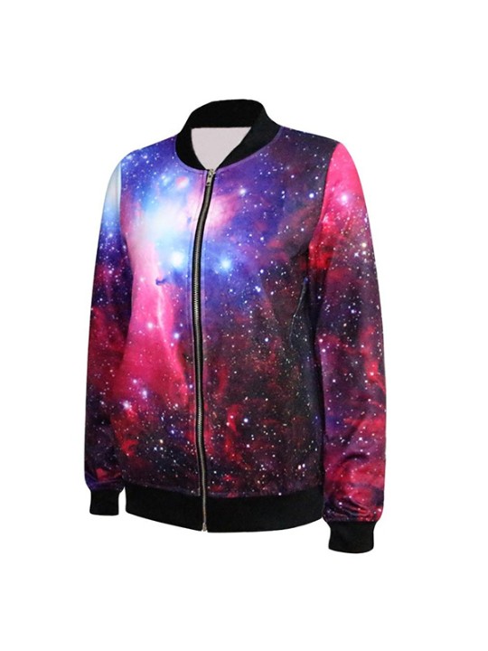 Novas Mulheres Moda Digital Print Red Galaxy Zíper Front Jacket Manga Comprida Senhora Casaco Desgaste Streat