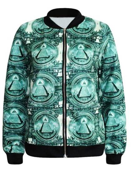Damenmode Zipper Front Coat Jacke US-Dollars Digital Print Long Sleeve Streat Wear