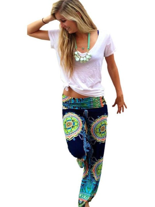 Pantalon imprimé aztèque tribal pour femme en vrac élastique taille haute jambe large pantalon long