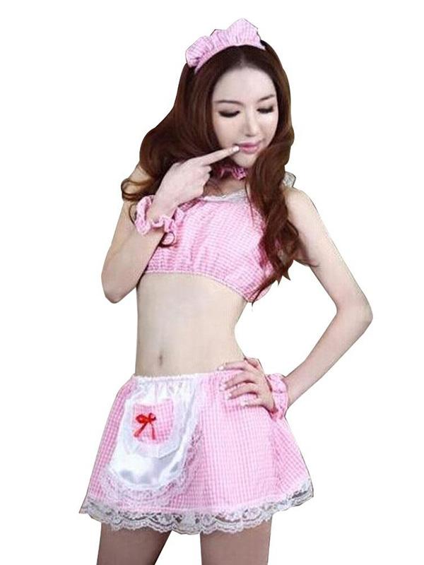 Damenmode Dessous Landschaft niedliche französische Maid Babydoll Kostüm Valentines Geschenk Pink / Black