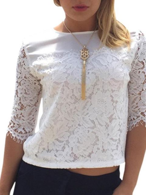 Women's Summer Fashion Sexy Half Sleeve White Lace Rund Neck Casual T-Shirt Blouse Tops T-shirt