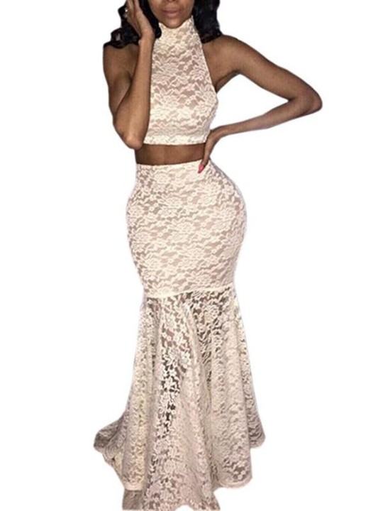 2 ST dam damsmodell sexig smal spets ärmlös hög hals skörd topp med lång klänning set prom brudtärna klänning aftonklänningar